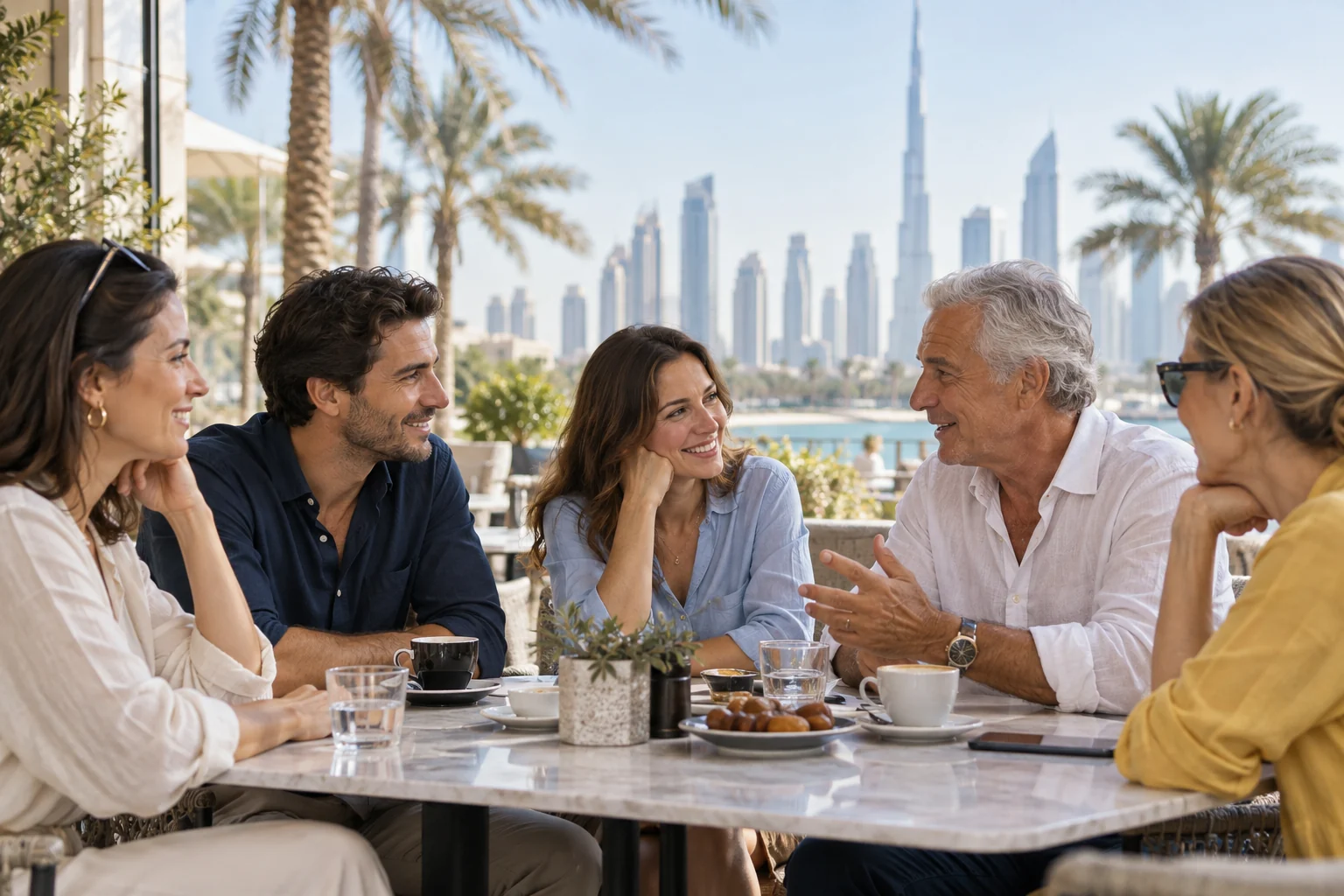 Imagine ilustrativă cu oameni care povestesc la o cafea în Dubai